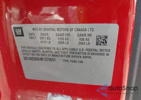 2011 Chevrolet Impala Lt z USA, uszkodzony, nr VIN 2G1WG5EK4B1279501